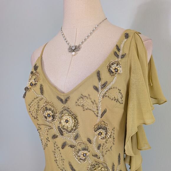 Vintage Sue Wong Silk Maxi Dress Gown 10 Green Y2K Fairy Floral Bead Grunge - Picture 5 of 16
